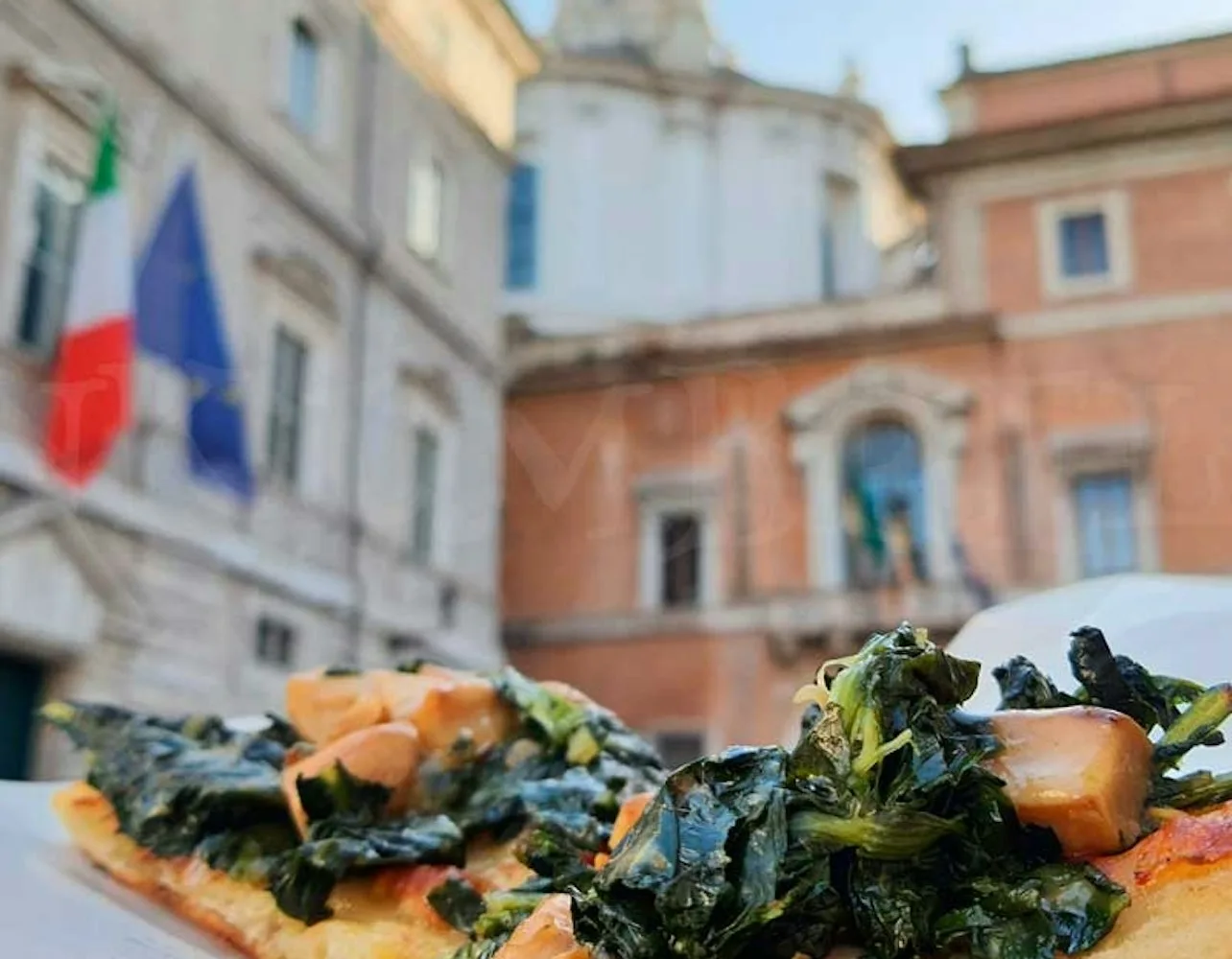Roman street-food tasting with a city square in the background